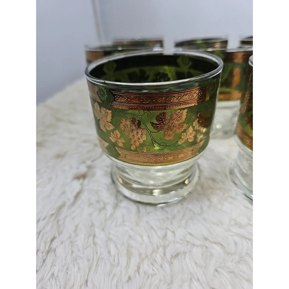 8 Cera Golden‎ Grapes Double Old Fashioned Footed Tumbler Glasses MCM Green Gold